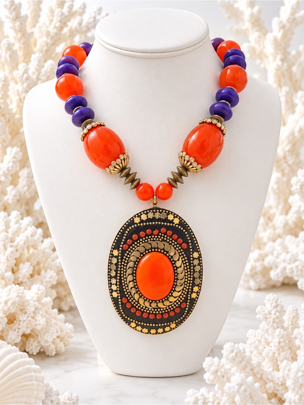 Bold Orange & Purple Beaded Statement Necklace - Designer Style